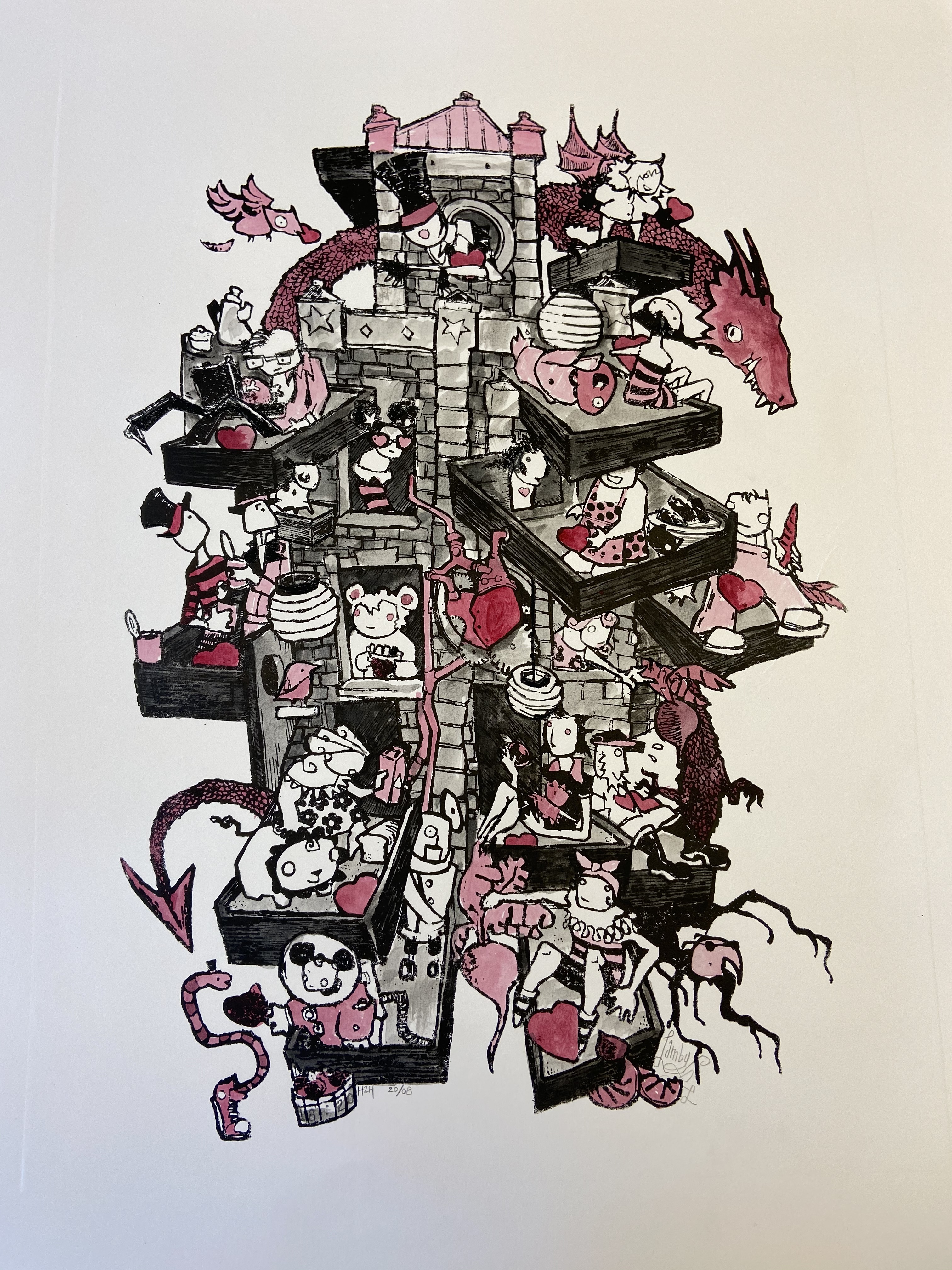 Untitled lithograph print, hand colored by Sybil Lamb, a house-like structure surrounded by a whimsical red dragon plays host to a dozen people who share food, hearts, and seem engaged in community